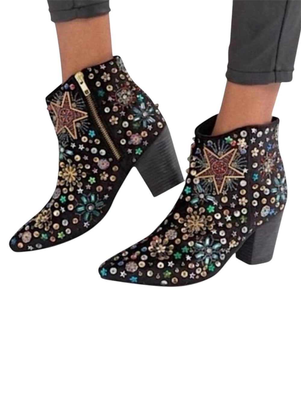 Free People "Night Out" Black Velvet Ankle Boots Heavily Embellished size 37/US7
